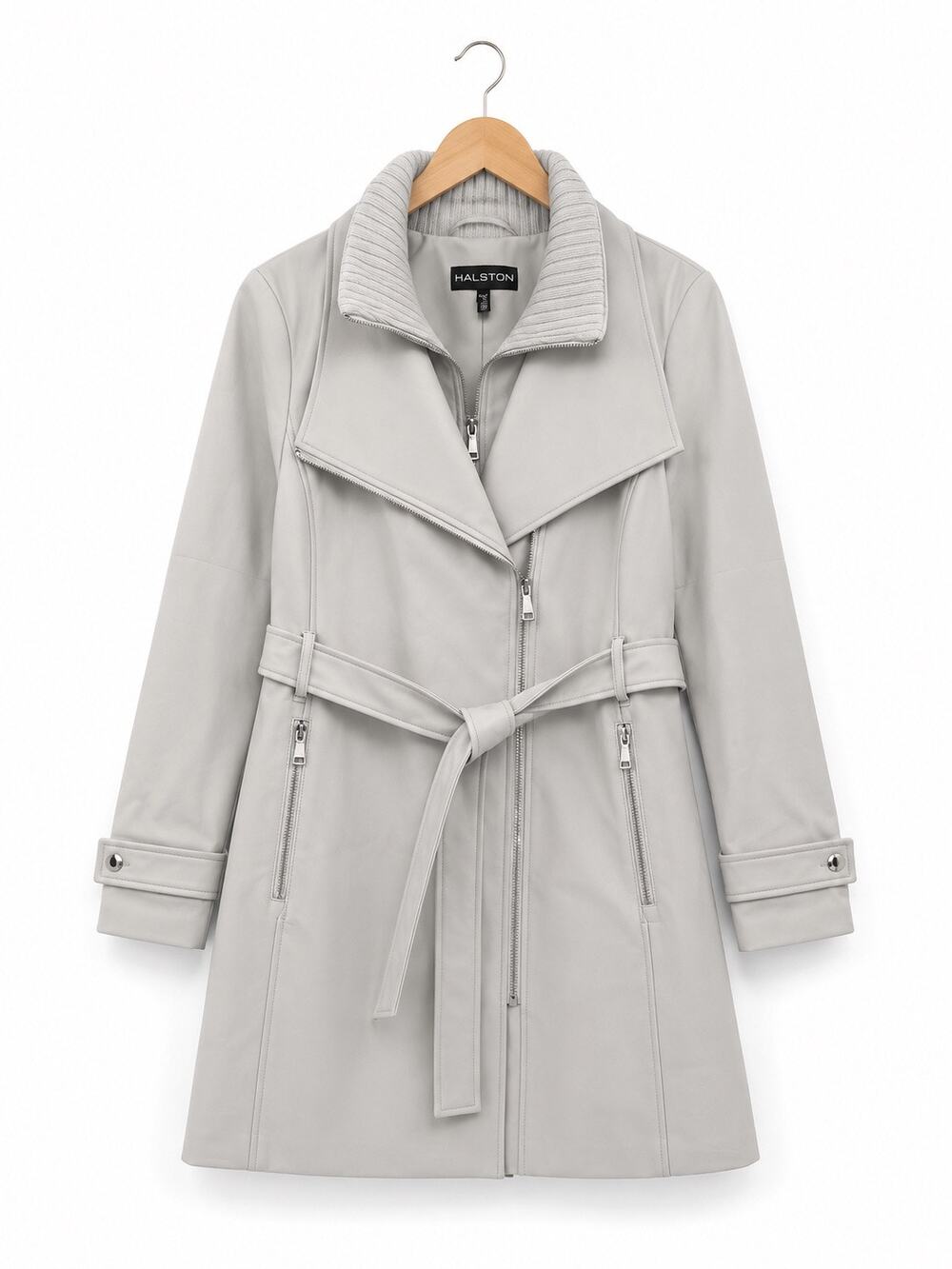 Halston Womens Belted Trench Coat Silver Gray Asymmetrical Zip Jacket XL NWT